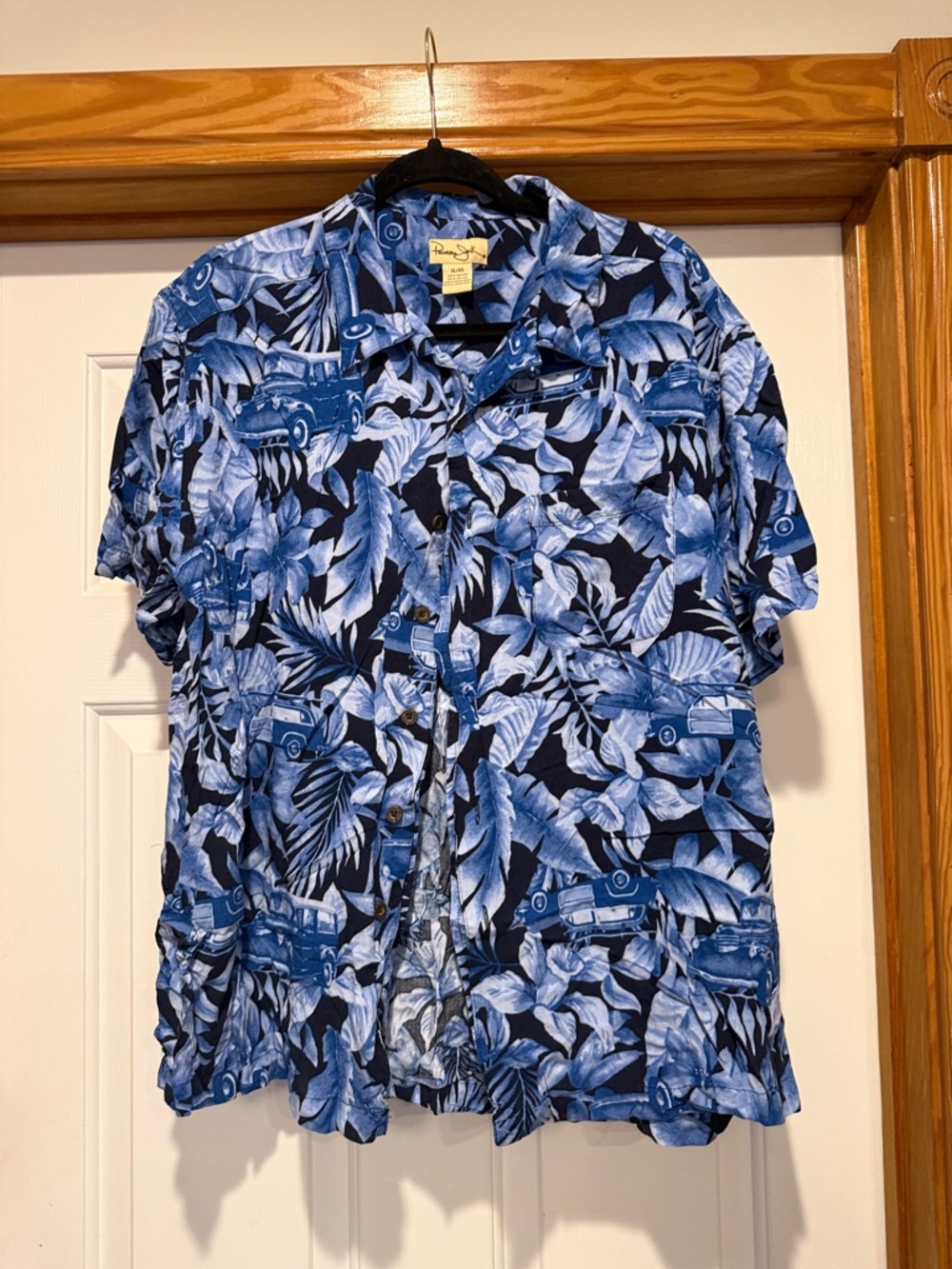 Panama Jack Blue Floral & Car Print Short Sleeve Button-Down Shirt
